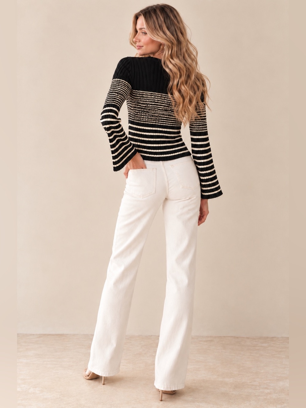Proenza Schouler Silk Blend Black & Cream  Ribbed Bell Sleeve Crewneck Sweater - Picture 9 of 9